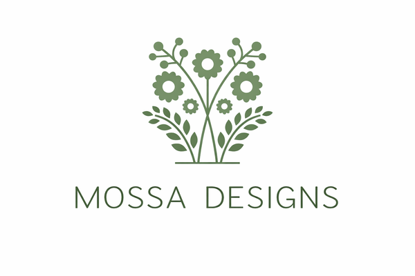 Mossa Designs logo with floral design on a white background